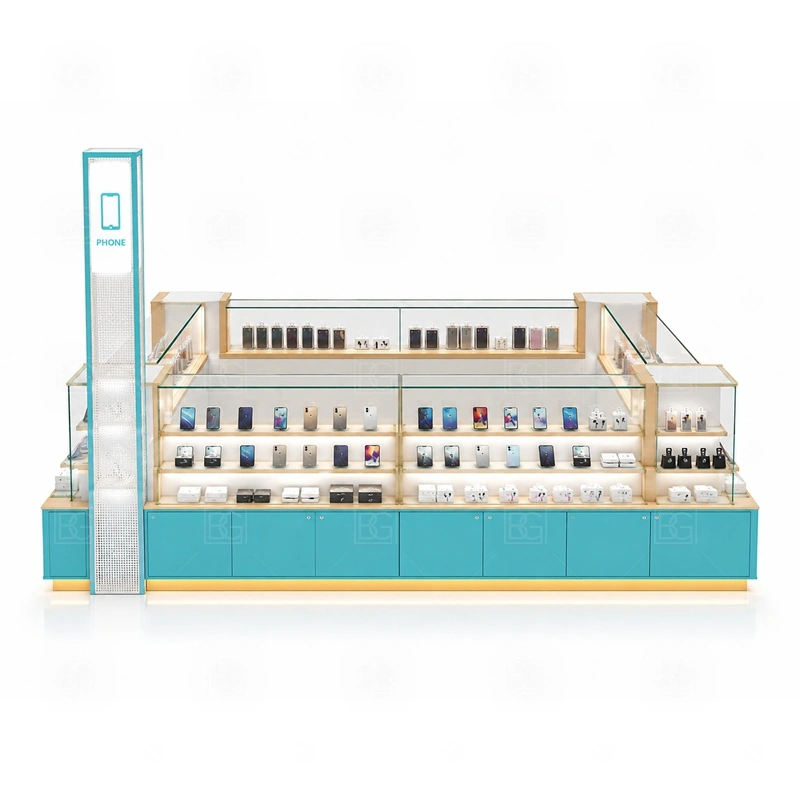 Brand Display Cell Phone Display Counter Manufacturer signage detail with larger logo placement, color-matched panels, light boxes, and front graphics for mall visibility shown in the brand display cell phone display counter manufacturer product photos; this page also uses custom logo signage and brand color presentation