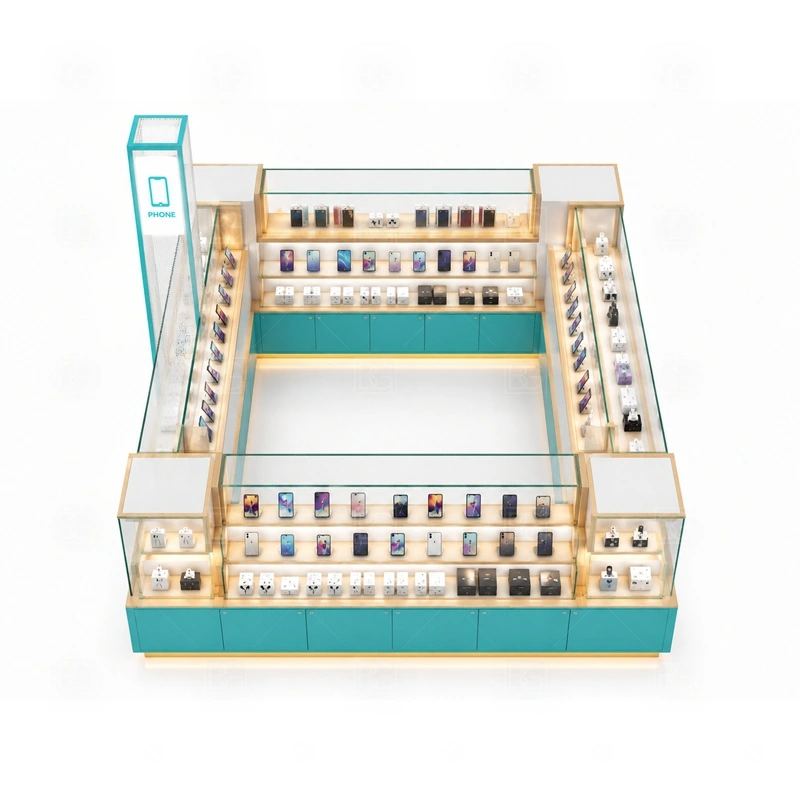 Brand Display Cell Phone Display Counter Manufacturer storage detail for concealed staff-side storage that keeps the branded customer view clean during business hours shown in the brand display cell phone display counter manufacturer product photos, with clear customer approach from the main mall walkway and quick staff access from the rear