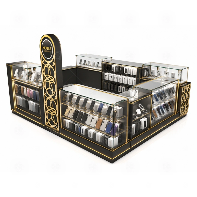 Brand Display Mobile Accessories Kiosk Design with a brand-led phone kiosk with stronger logo surfaces, coordinated front panels, and organized display counters shown in the brand display mobile accessories kiosk design product photos for mobile accessory retail and small electronics display