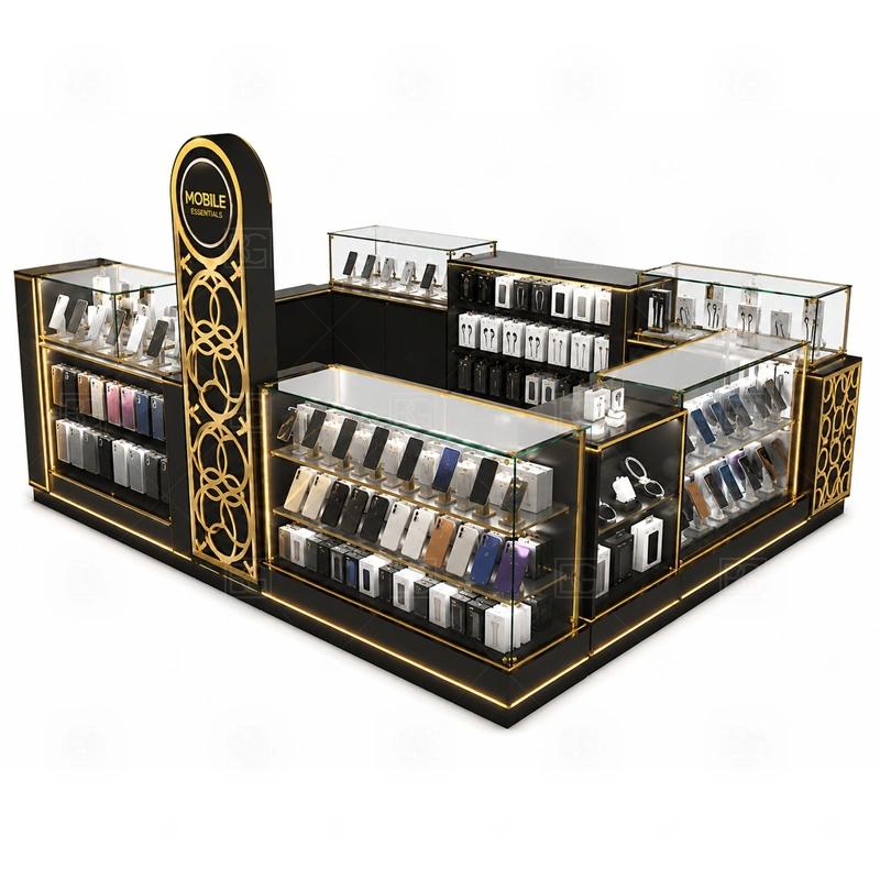 Brand Display Mobile Accessories Kiosk Design showing a customer-facing brand wall paired with practical checkout and product consultation positions shown in the brand display mobile accessories kiosk design product photos, with clear customer approach from the main mall walkway and quick staff access from the rear