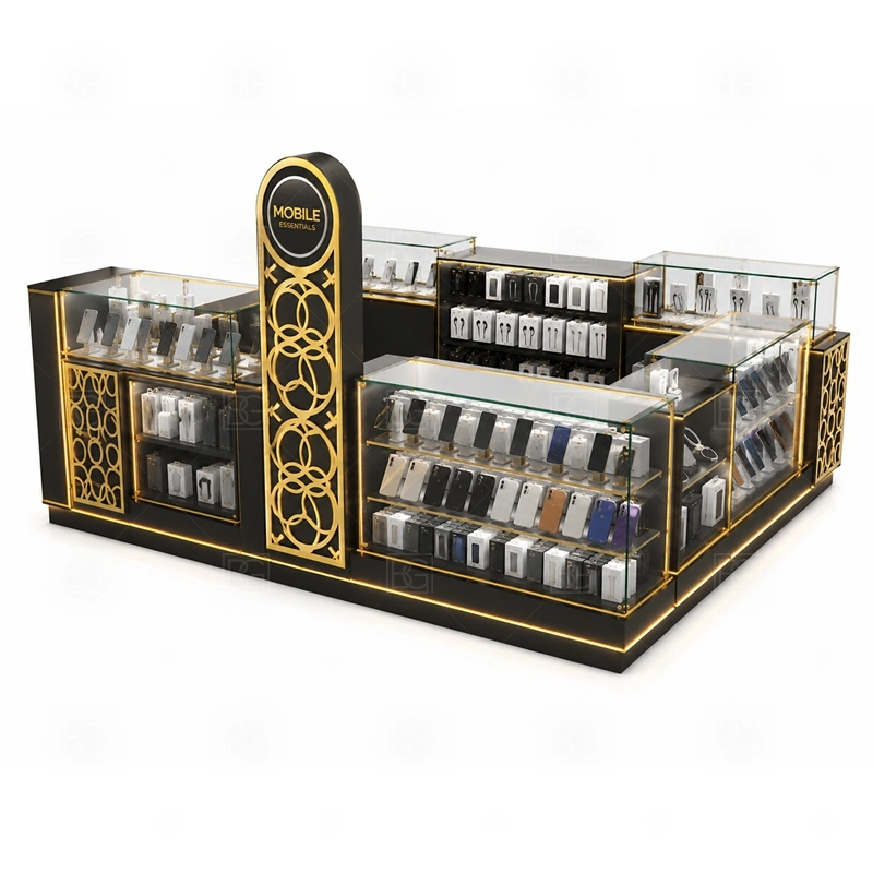 Brand Display Mobile Accessories Kiosk Design display detail for hero products, best-selling accessories, and lockable showcase items arranged around the brand message shown in the brand display mobile accessories kiosk design product photos; the product photos also emphasize tempered glass showcases and visible accessory display zones