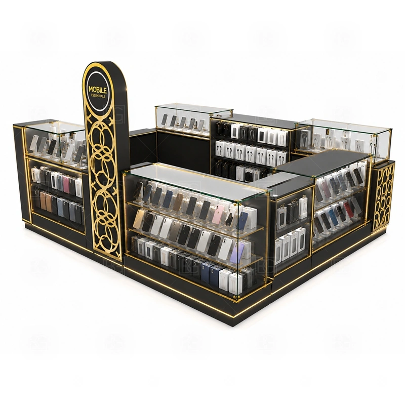 Brand Display Mobile Accessories Kiosk Design service area for guided selling, product recommendation, payment, and handoff without hiding the front branding shown in the brand display mobile accessories kiosk design product photos; the kiosk can follow sales counter, POS area, packing surface, and staff-side storage
