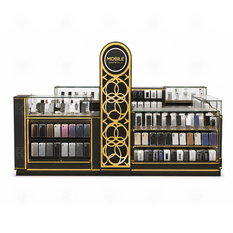 Brand Display Mobile Accessories Kiosk Design signage detail with larger logo placement, color-matched panels, light boxes, and front graphics for mall visibility shown in the brand display mobile accessories kiosk design product photos; this page also uses custom logo signage and brand color presentation