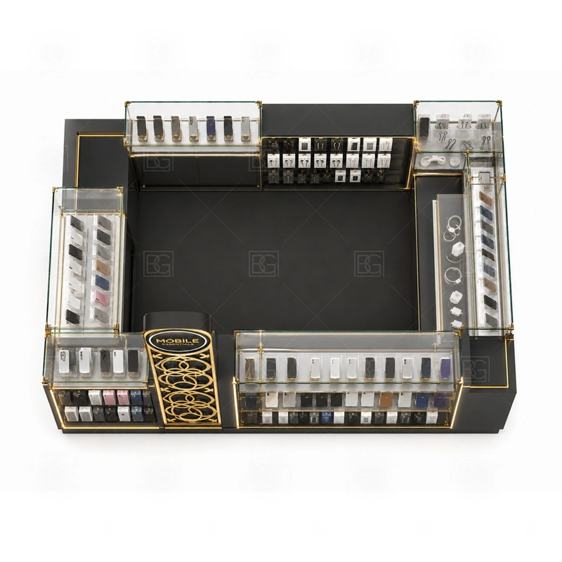 Brand Display Mobile Accessories Kiosk Design storage detail for concealed staff-side storage that keeps the branded customer view clean during business hours shown in the brand display mobile accessories kiosk design product photos, with a layout that can be checked against lease drawings before production begins