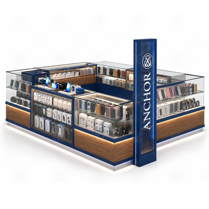 Brand Display Phone Case Kiosk with Glass Showcase with a brand-led phone kiosk with stronger logo surfaces, coordinated front panels, and organized display counters shown in the brand display phone case kiosk with glass showcase product photos for phone case merchandising and accessory add-on sales