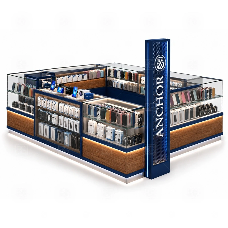 Brand Display Phone Case Kiosk with Glass Showcase showing a customer-facing brand wall paired with practical checkout and product consultation positions shown in the brand display phone case kiosk with glass showcase product photos, with front-facing customer movement with staff work kept behind the display line