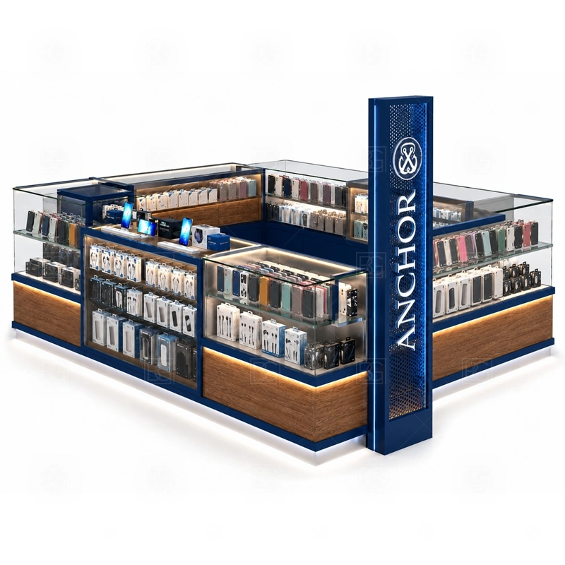 Brand Display Phone Case Kiosk with Glass Showcase display detail for lockable tempered glass showcases for phones, boxed accessories, and featured products shown in the brand display phone case kiosk with glass showcase product photos; the product photos also emphasize tempered glass showcases and visible accessory display zones