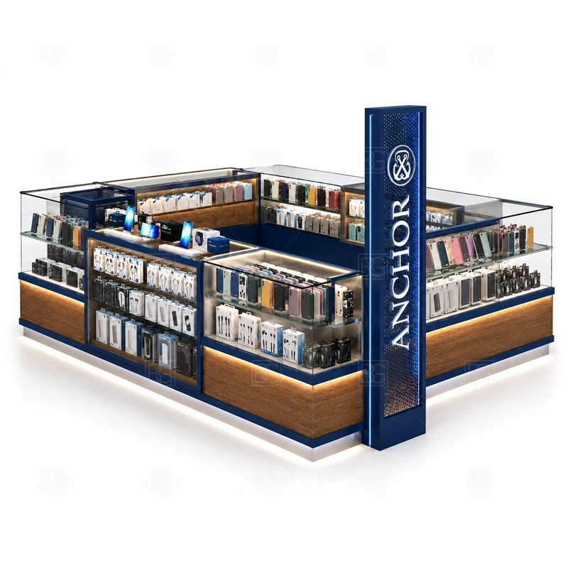 Brand Display Phone Case Kiosk with Glass Showcase service area for guided selling, product recommendation, payment, and handoff without hiding the front branding shown in the brand display phone case kiosk with glass showcase product photos; the kiosk can follow sales counter, POS area, packing surface, and staff-side storage