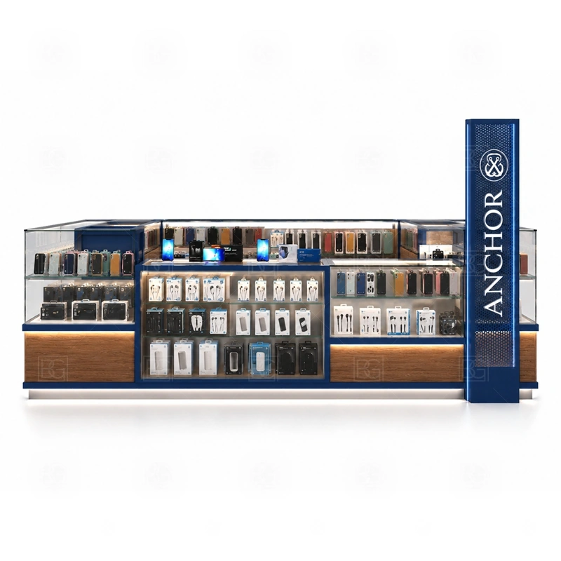 Brand Display Phone Case Kiosk with Glass Showcase signage detail with larger logo placement, color-matched panels, light boxes, and front graphics for mall visibility shown in the brand display phone case kiosk with glass showcase product photos; this page also uses custom logo signage and brand color presentation
