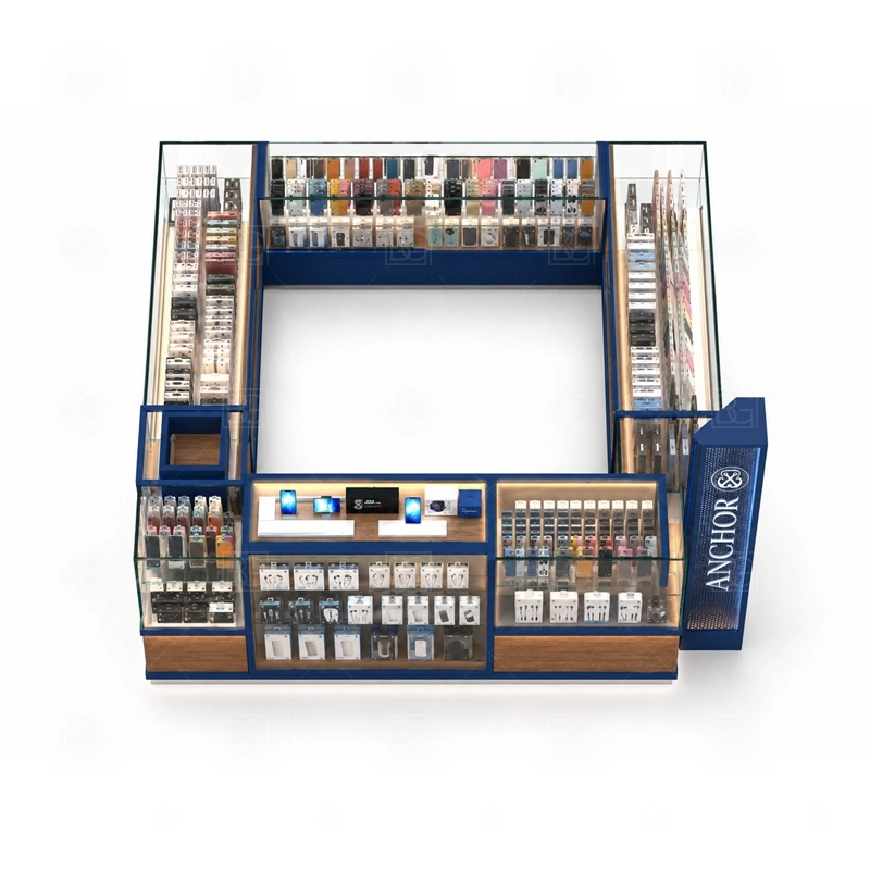 Brand Display Phone Case Kiosk with Glass Showcase storage detail for concealed staff-side storage that keeps the branded customer view clean during business hours shown in the brand display phone case kiosk with glass showcase product photos, with separate zones for browsing, payment, stock refill, and product consultation