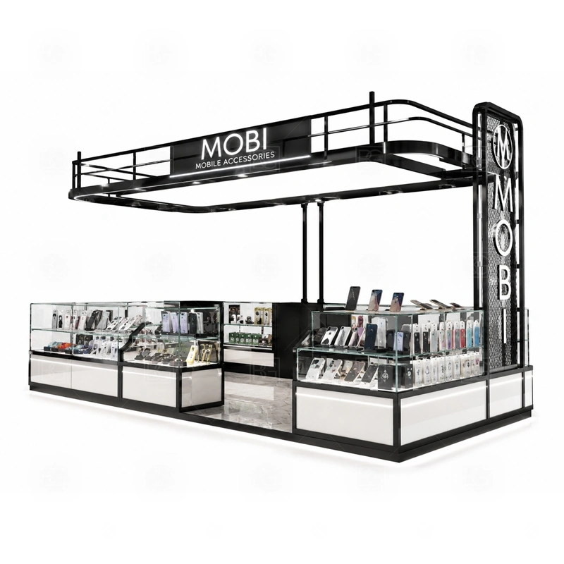 Brand Display Phone Repair Kiosk for Sale with a brand-led phone kiosk with stronger logo surfaces, coordinated front panels, and organized display counters shown in the brand display phone repair kiosk for sale product photos for repair service and phone accessory sales