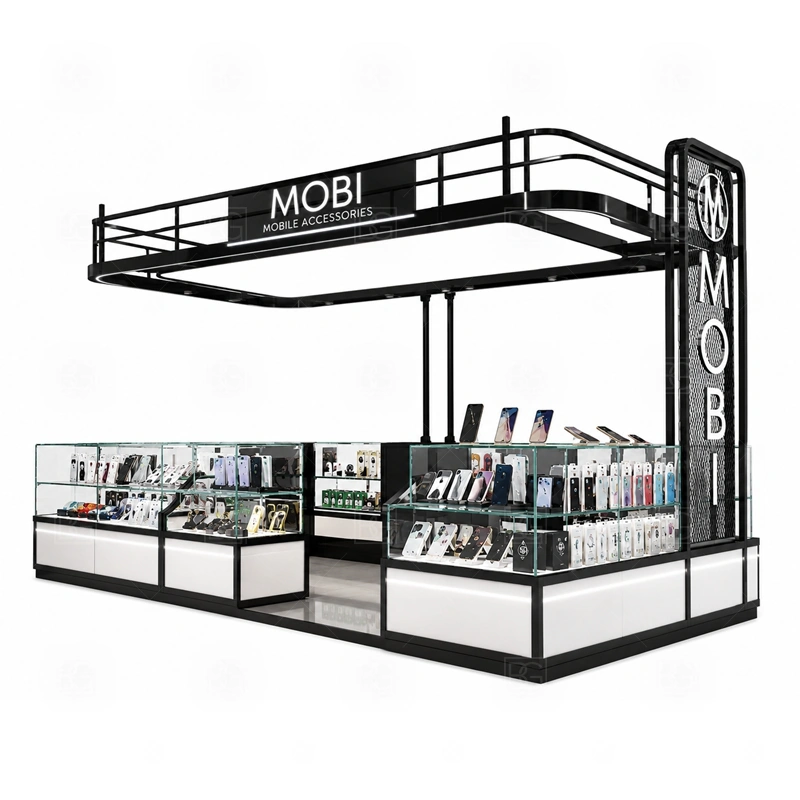 Brand Display Phone Repair Kiosk for Sale showing a customer-facing brand wall paired with practical checkout and product consultation positions shown in the brand display phone repair kiosk for sale product photos, with clear customer approach from the main mall walkway and quick staff access from the rear