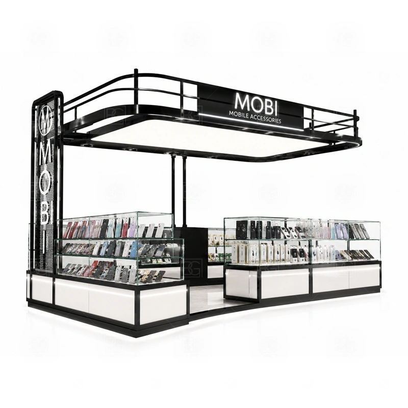 Brand Display Phone Repair Kiosk for Sale display detail for hero products, best-selling accessories, and lockable showcase items arranged around the brand message shown in the brand display phone repair kiosk for sale product photos; the product photos also emphasize phone accessory displays, glass counters, and small product shelving