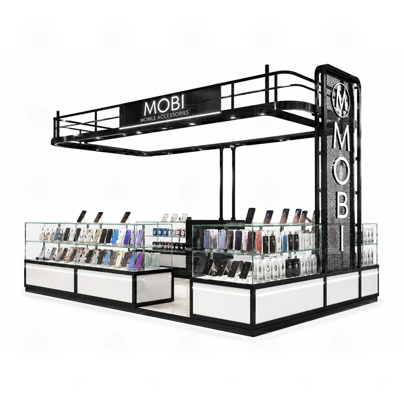 Brand Display Phone Repair Kiosk for Sale service area for guided selling, product recommendation, payment, and handoff without hiding the front branding shown in the brand display phone repair kiosk for sale product photos; the kiosk can follow repair service counter, device handoff area, and lockable tool storage