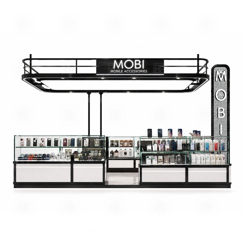 Brand Display Phone Repair Kiosk for Sale signage detail with larger logo placement, color-matched panels, light boxes, and front graphics for mall visibility shown in the brand display phone repair kiosk for sale product photos; this page also uses custom logo signage and brand color presentation