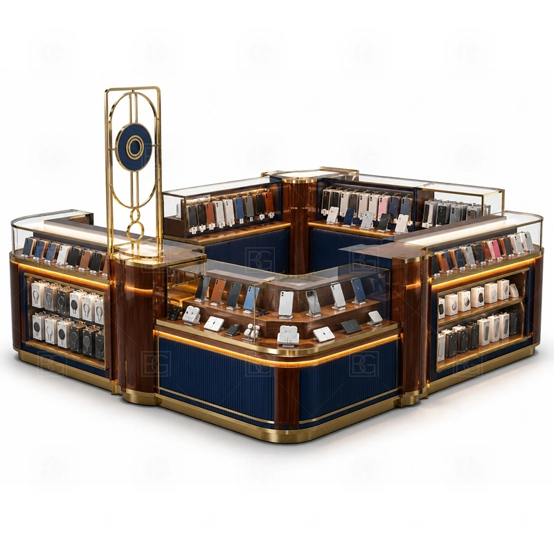 Brand Display Retail Phone Kiosk with Logo Tower with a brand-led phone kiosk with stronger logo surfaces, coordinated front panels, and organized display counters shown in the brand display retail phone kiosk with logo tower product photos for phone retail and mall accessory sales