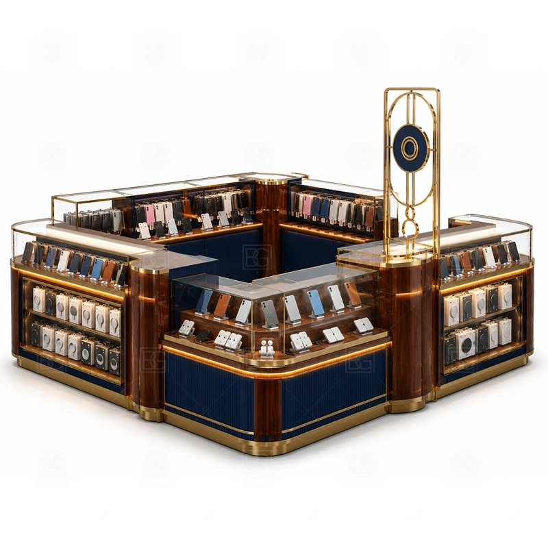 Brand Display Retail Phone Kiosk with Logo Tower service area for guided selling, product recommendation, payment, and handoff without hiding the front branding shown in the brand display retail phone kiosk with logo tower product photos; the kiosk can follow sales counter, POS area, packing surface, and staff-side storage