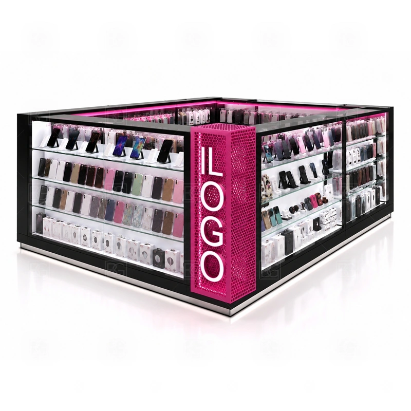 Compact Cell Phone Kiosk for Shopping Mall showing a narrow footprint that separates customer browsing, checkout, and staff movement without wasting floor area shown in the compact cell phone kiosk for shopping mall product photos, with separate zones for browsing, payment, stock refill, and product consultation