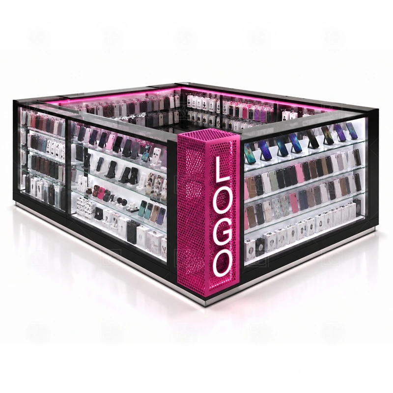 Compact Cell Phone Kiosk for Shopping Mall display detail for a selected mix of phone cases, chargers, screen protectors, and impulse accessories in easy-reach zones shown in the compact cell phone kiosk for shopping mall product photos; the product photos also emphasize phone accessory displays, glass counters, and small product shelving