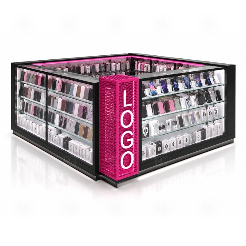 Compact Cell Phone Kiosk for Shopping Mall service area for one or two staff handling browsing questions, checkout, packing, and light service requests shown in the compact cell phone kiosk for shopping mall product photos; the kiosk can follow sales counter, POS area, packing surface, and staff-side storage