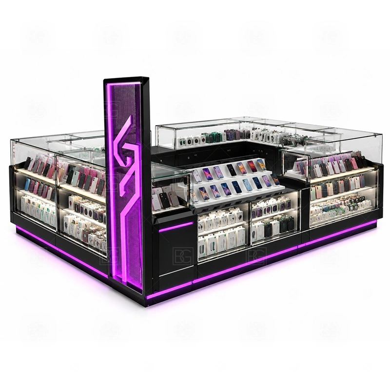 Compact Cellphone Accessories Kiosk Display Counter with a compact phone kiosk with tight counter planning, visible accessory display, and efficient staff access shown in the compact cellphone accessories kiosk display counter product photos for mobile accessory retail and small electronics display