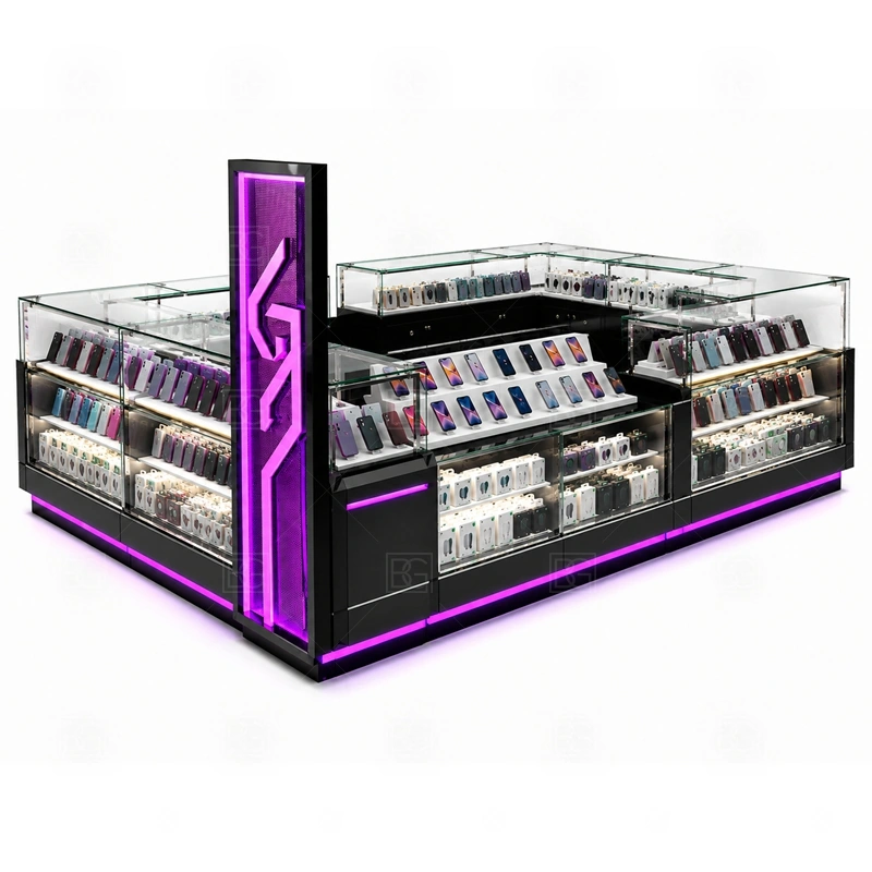 Compact Cellphone Accessories Kiosk Display Counter showing counter-based selling with front customer display and a practical staff-side checkout route shown in the compact cellphone accessories kiosk display counter product photos, with separate zones for browsing, payment, stock refill, and product consultation