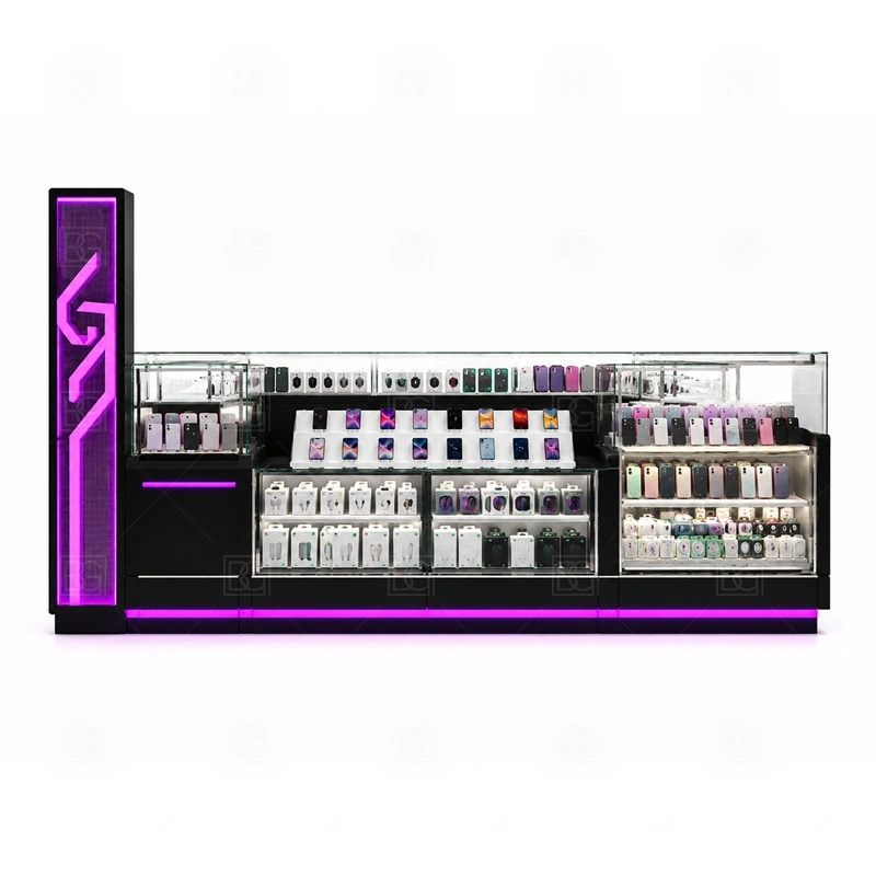 Compact Cellphone Accessories Kiosk Display Counter display detail for a selected mix of phone cases, chargers, screen protectors, and impulse accessories in easy-reach zones shown in the compact cellphone accessories kiosk display counter product photos; the product photos also emphasize phone accessory displays, glass counters, and small product shelving