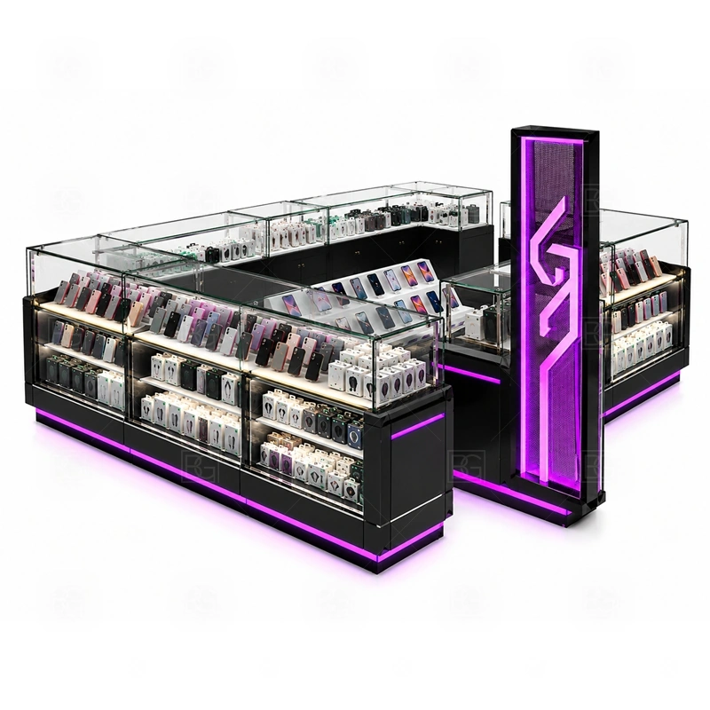 Compact Cellphone Accessories Kiosk Display Counter service area for one or two staff handling browsing questions, checkout, packing, and light service requests shown in the compact cellphone accessories kiosk display counter product photos; the kiosk can follow cashier counter, POS area, customer service opening, and storage planning