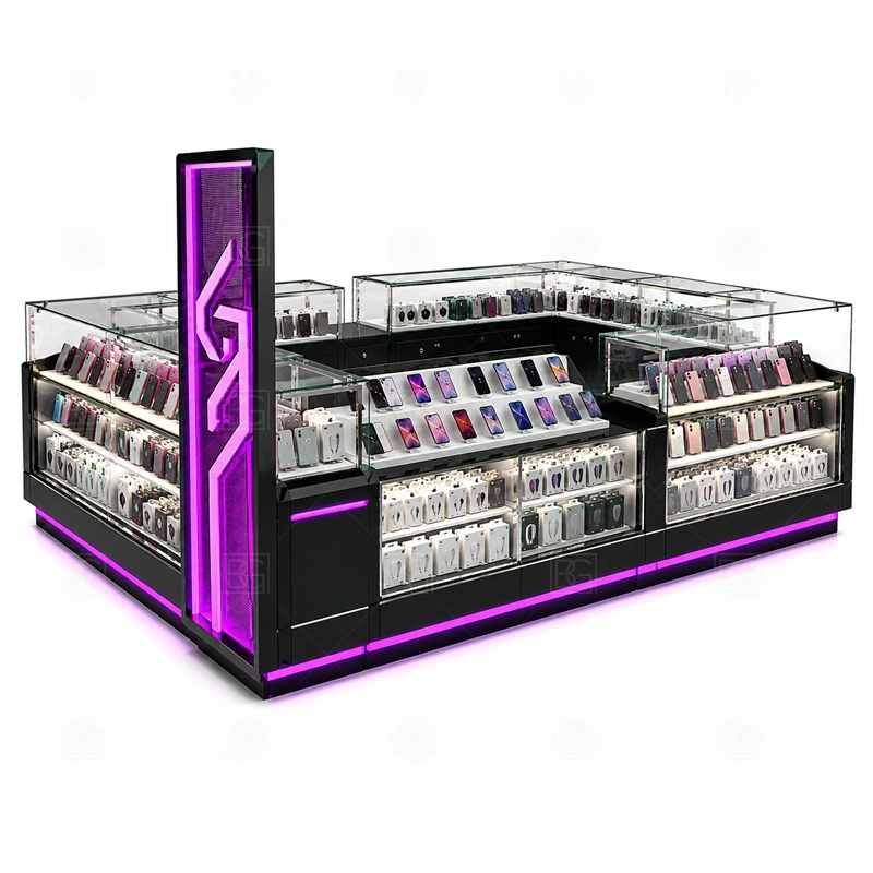 Compact Cellphone Accessories Kiosk Display Counter signage detail with compact fascia signs, logo panels, and LED accents sized for landlord height limits shown in the compact cellphone accessories kiosk display counter product photos; this page also uses custom logo signage and brand color presentation