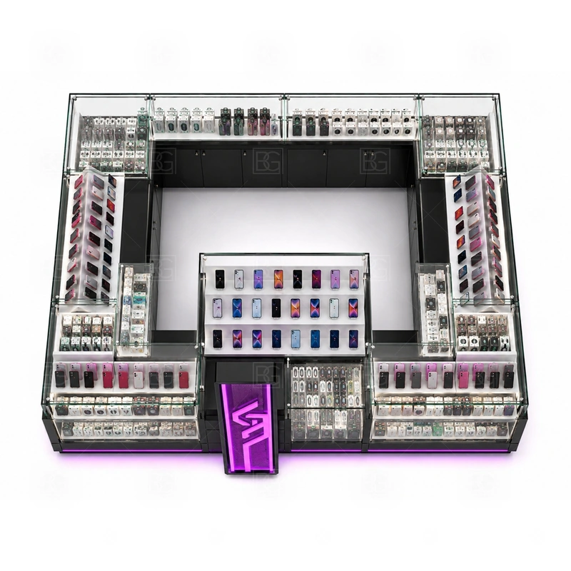 Compact Cellphone Accessories Kiosk Display Counter storage detail for high-use storage placed below counters so small stock can be refilled quickly shown in the compact cellphone accessories kiosk display counter product photos, with front-facing customer movement with staff work kept behind the display line