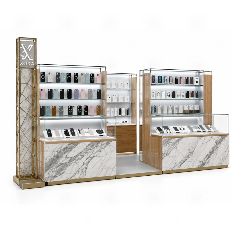 Compact Mobile Phone Kiosk with Glass Showcase with a compact phone kiosk with tight counter planning, visible accessory display, and efficient staff access shown in the compact mobile phone kiosk with glass showcase product photos for mobile phone and accessory retail