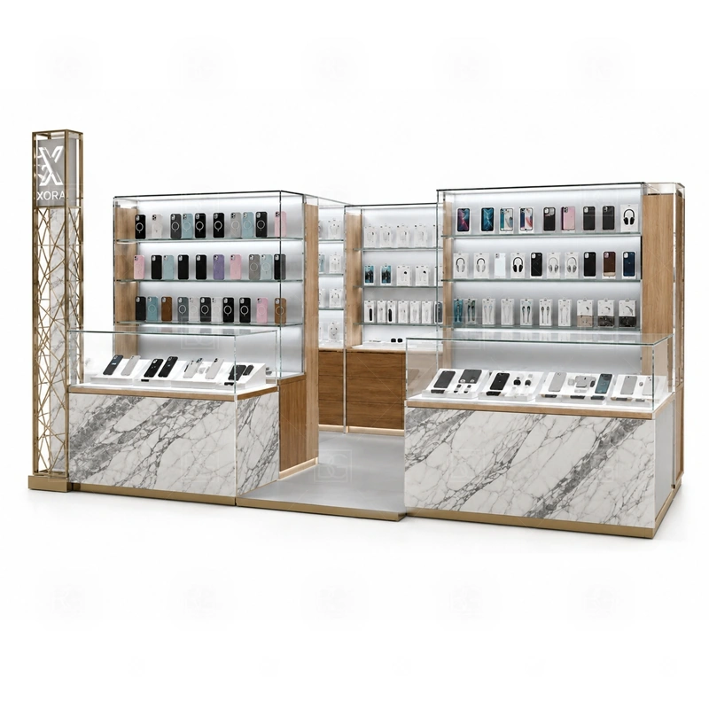 Compact Mobile Phone Kiosk with Glass Showcase showing a narrow footprint that separates customer browsing, checkout, and staff movement without wasting floor area shown in the compact mobile phone kiosk with glass showcase product photos, with clear customer approach from the main mall walkway and quick staff access from the rear