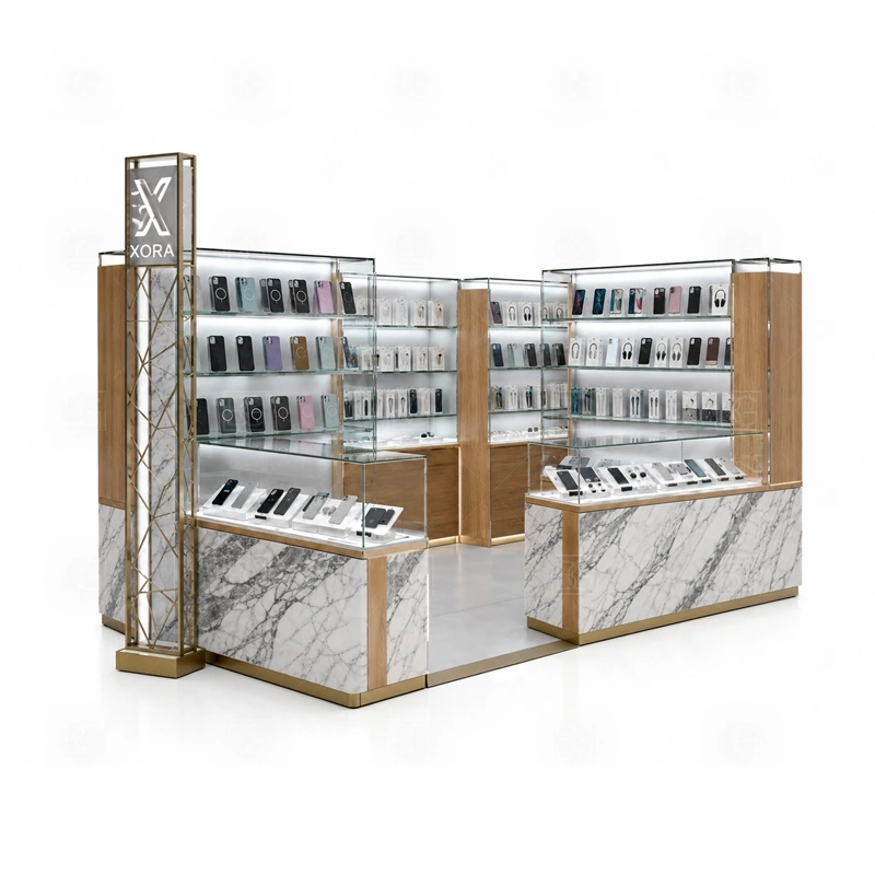 Compact Mobile Phone Kiosk with Glass Showcase display detail for lockable tempered glass showcases for phones, boxed accessories, and featured products shown in the compact mobile phone kiosk with glass showcase product photos; the product photos also emphasize tempered glass showcases and visible accessory display zones