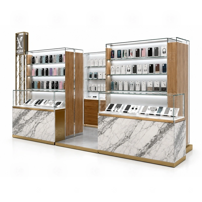 Compact Mobile Phone Kiosk with Glass Showcase service area for one or two staff handling browsing questions, checkout, packing, and light service requests shown in the compact mobile phone kiosk with glass showcase product photos; the kiosk can follow sales counter, POS area, packing surface, and staff-side storage