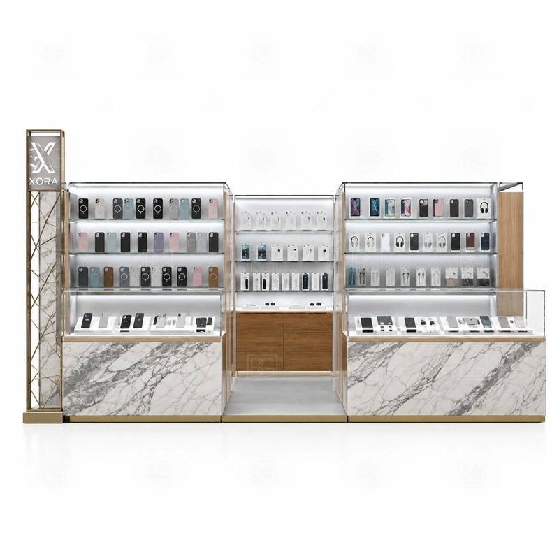 Compact Mobile Phone Kiosk with Glass Showcase signage detail with compact fascia signs, logo panels, and LED accents sized for landlord height limits shown in the compact mobile phone kiosk with glass showcase product photos; this page also uses tall logo tower and LED brand lighting