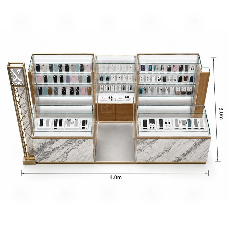 Compact Mobile Phone Kiosk with Glass Showcase storage detail for high-use storage placed below counters so small stock can be refilled quickly shown in the compact mobile phone kiosk with glass showcase product photos, with a layout that can be checked against lease drawings before production begins