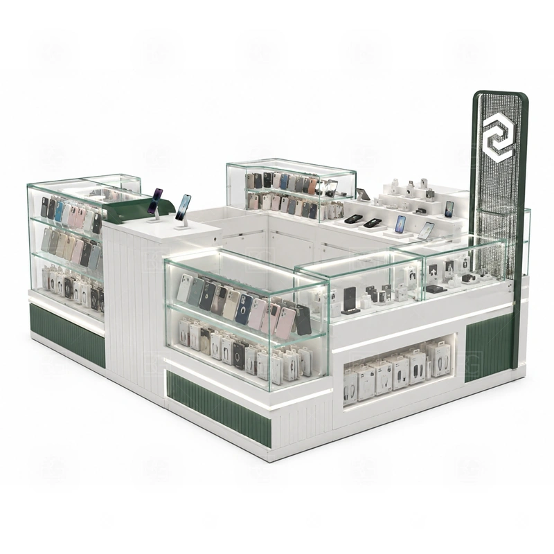Compact Phone Accessories Kiosk with LED Signage with a compact phone kiosk with tight counter planning, visible accessory display, and efficient staff access shown in the compact phone accessories kiosk with led signage product photos for mobile accessory retail and small electronics display