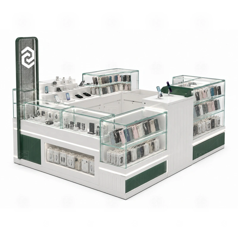 Compact Phone Accessories Kiosk with LED Signage showing a narrow footprint that separates customer browsing, checkout, and staff movement without wasting floor area shown in the compact phone accessories kiosk with led signage product photos, with clear customer approach from the main mall walkway and quick staff access from the rear