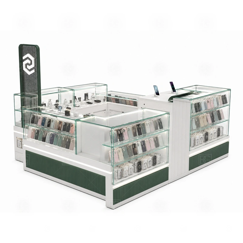Compact Phone Accessories Kiosk with LED Signage display detail for a selected mix of phone cases, chargers, screen protectors, and impulse accessories in easy-reach zones shown in the compact phone accessories kiosk with led signage product photos; the product photos also emphasize phone accessory displays, glass counters, and small product shelving
