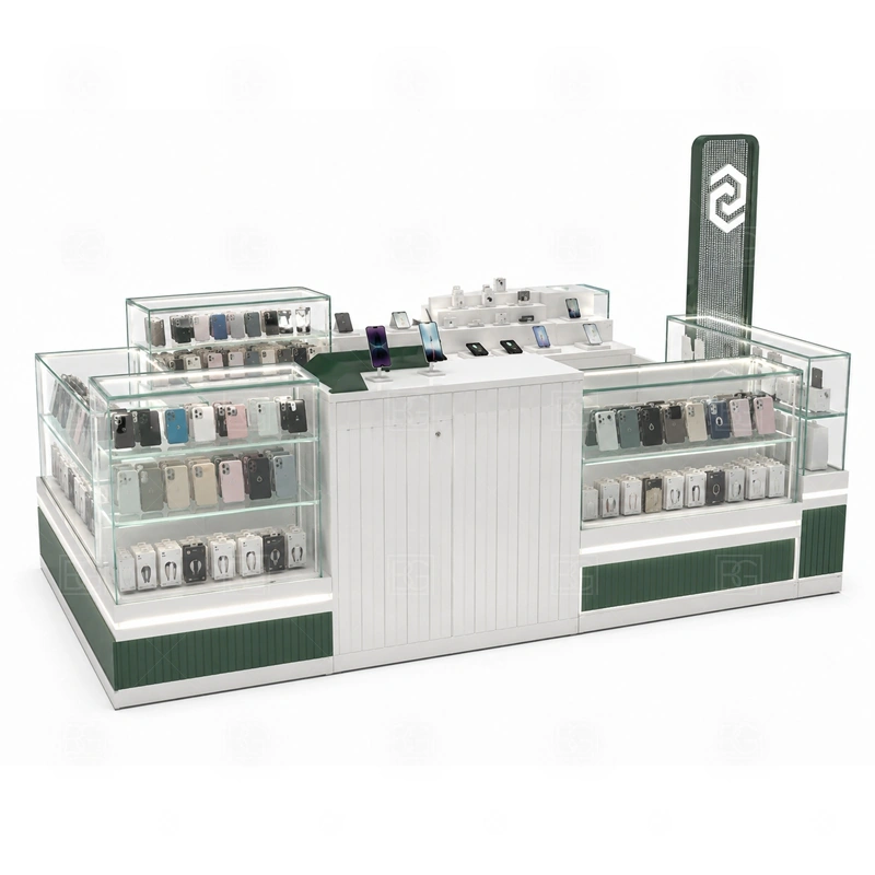 Compact Phone Accessories Kiosk with LED Signage service area for one or two staff handling browsing questions, checkout, packing, and light service requests shown in the compact phone accessories kiosk with led signage product photos; the kiosk can follow cashier counter, POS area, customer service opening, and storage planning