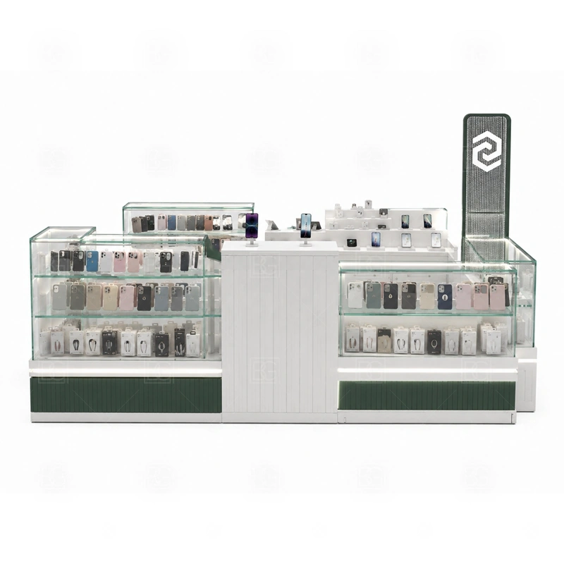 Compact Phone Accessories Kiosk with LED Signage signage detail with LED signage, illuminated front graphics, and brighter customer-facing brand panels shown in the compact phone accessories kiosk with led signage product photos; this page also uses LED signage, illuminated logo panels, and front brand graphics