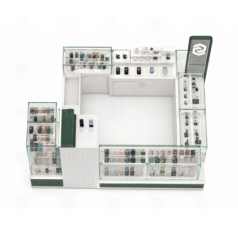 Compact Phone Accessories Kiosk with LED Signage storage detail for high-use storage placed below counters so small stock can be refilled quickly shown in the compact phone accessories kiosk with led signage product photos, with a layout that can be checked against lease drawings before production begins