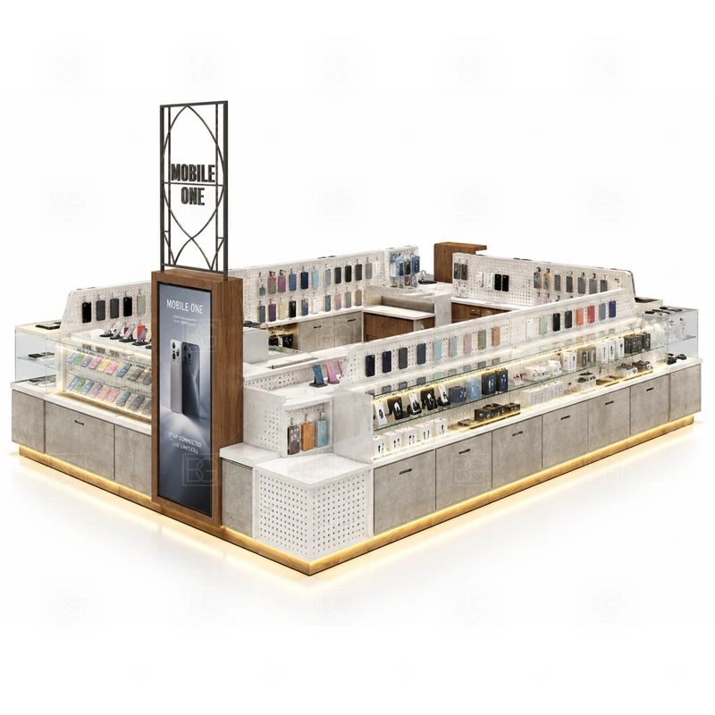 Compact Retail Phone Kiosk and Accessories Display with an accessory-focused kiosk with dense wall merchandising, glass counter protection, and quick-browse front shelves shown in the compact retail phone kiosk and accessories display product photos for mobile accessory retail and small electronics display