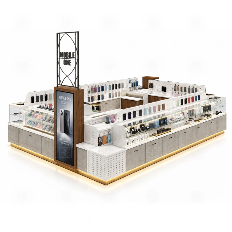 Compact Retail Phone Kiosk and Accessories Display showing a front browsing zone supported by staff-side drawers and fast restocking access shown in the compact retail phone kiosk and accessories display product photos, with a stronger first impression at browsing distance plus practical checkout close to the display
