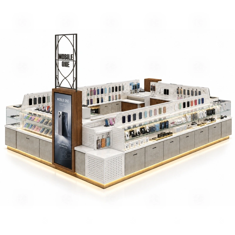 Compact Retail Phone Kiosk and Accessories Display display detail for a wider accessory mix shown through wall panels, shelves, hooks, and front counter displays shown in the compact retail phone kiosk and accessories display product photos; the product photos also emphasize phone accessory displays, glass counters, and small product shelving