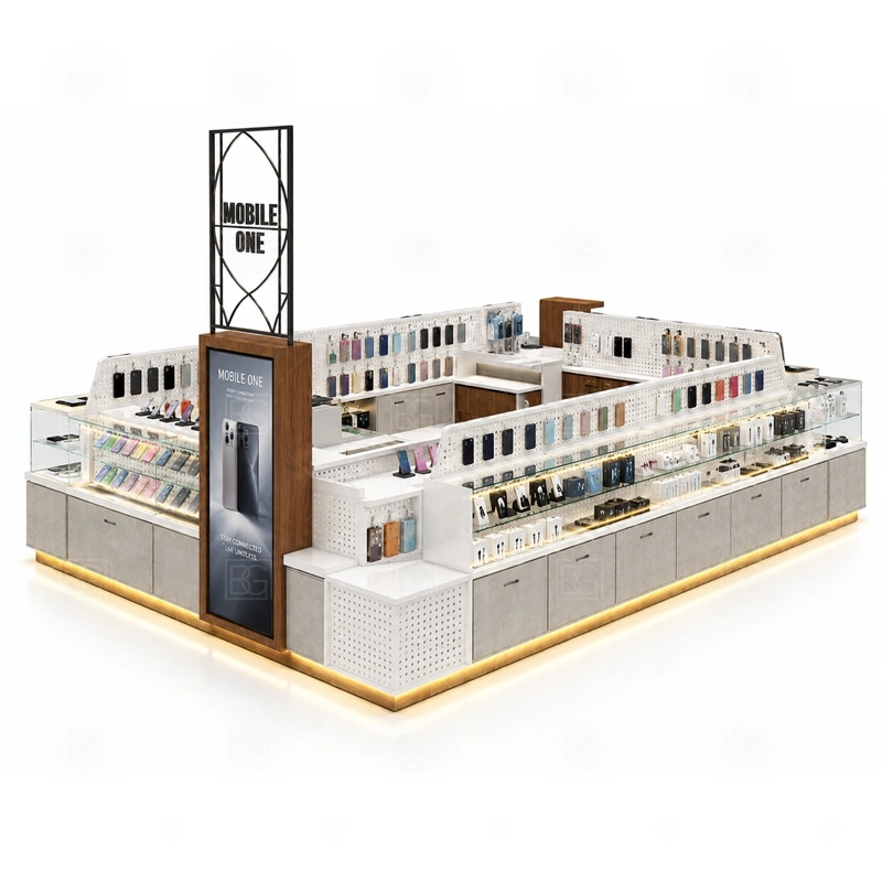 Compact Retail Phone Kiosk and Accessories Display service area for quick product selection, checkout, packaging, and replenishment during walk-by traffic shown in the compact retail phone kiosk and accessories display product photos; the kiosk can follow sales counter, POS area, packing surface, and staff-side storage