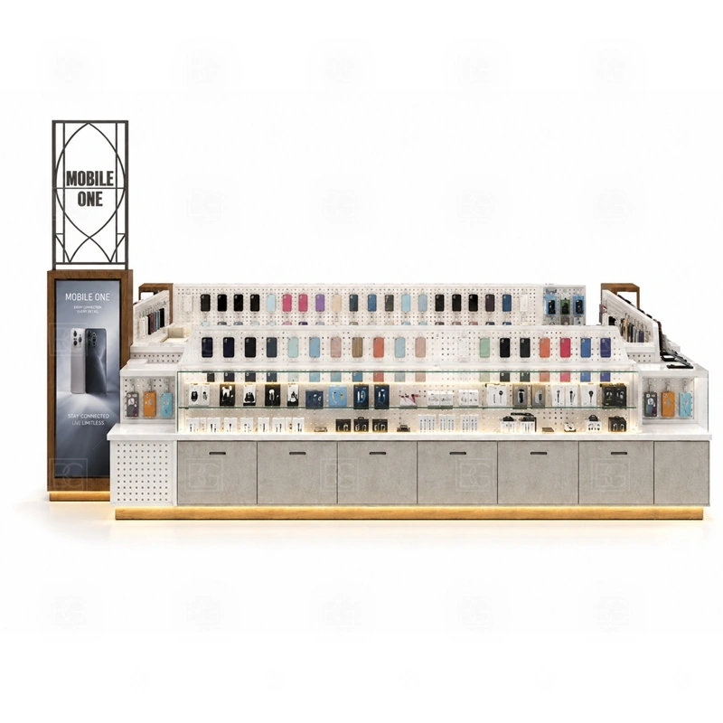 Compact Retail Phone Kiosk and Accessories Display signage detail with clean category signs and logo panels that keep shopper attention on the accessory wall shown in the compact retail phone kiosk and accessories display product photos; this page also uses tall logo tower and LED brand lighting