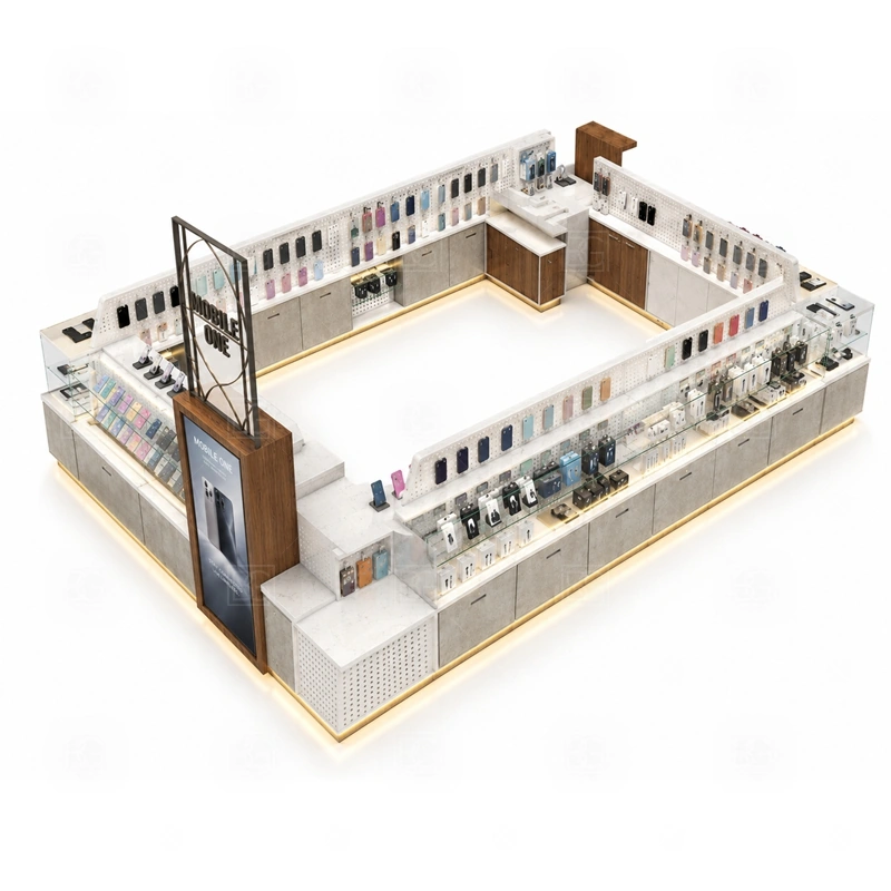 Compact Retail Phone Kiosk and Accessories Display storage detail for divided lower cabinets for high-turnover cases, cables, protectors, and spare display stock shown in the compact retail phone kiosk and accessories display product photos, with a customer side that stays visually tidy even when staff are restocking or packing orders