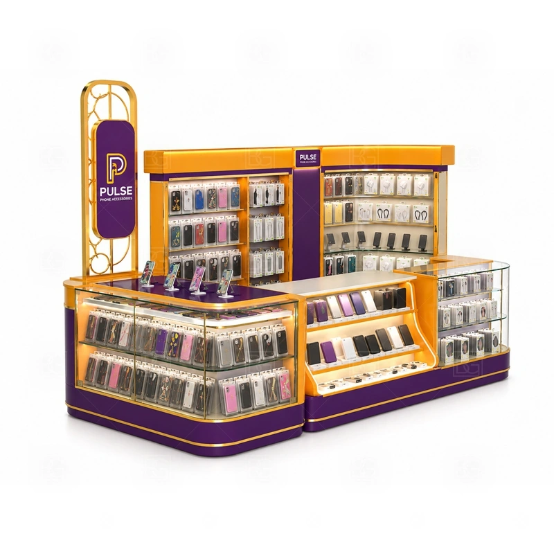 Compact Shopping Mall Phone Kiosk for Retail Business showing a narrow footprint that separates customer browsing, checkout, and staff movement without wasting floor area shown in the compact shopping mall phone kiosk for retail business product photos, with a customer side that stays visually tidy even when staff are restocking or packing orders
