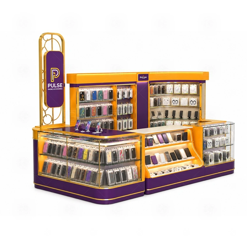 Compact Shopping Mall Phone Kiosk for Retail Business display detail for a selected mix of phone cases, chargers, screen protectors, and impulse accessories in easy-reach zones shown in the compact shopping mall phone kiosk for retail business product photos; the product photos also emphasize phone accessory displays, glass counters, and small product shelving